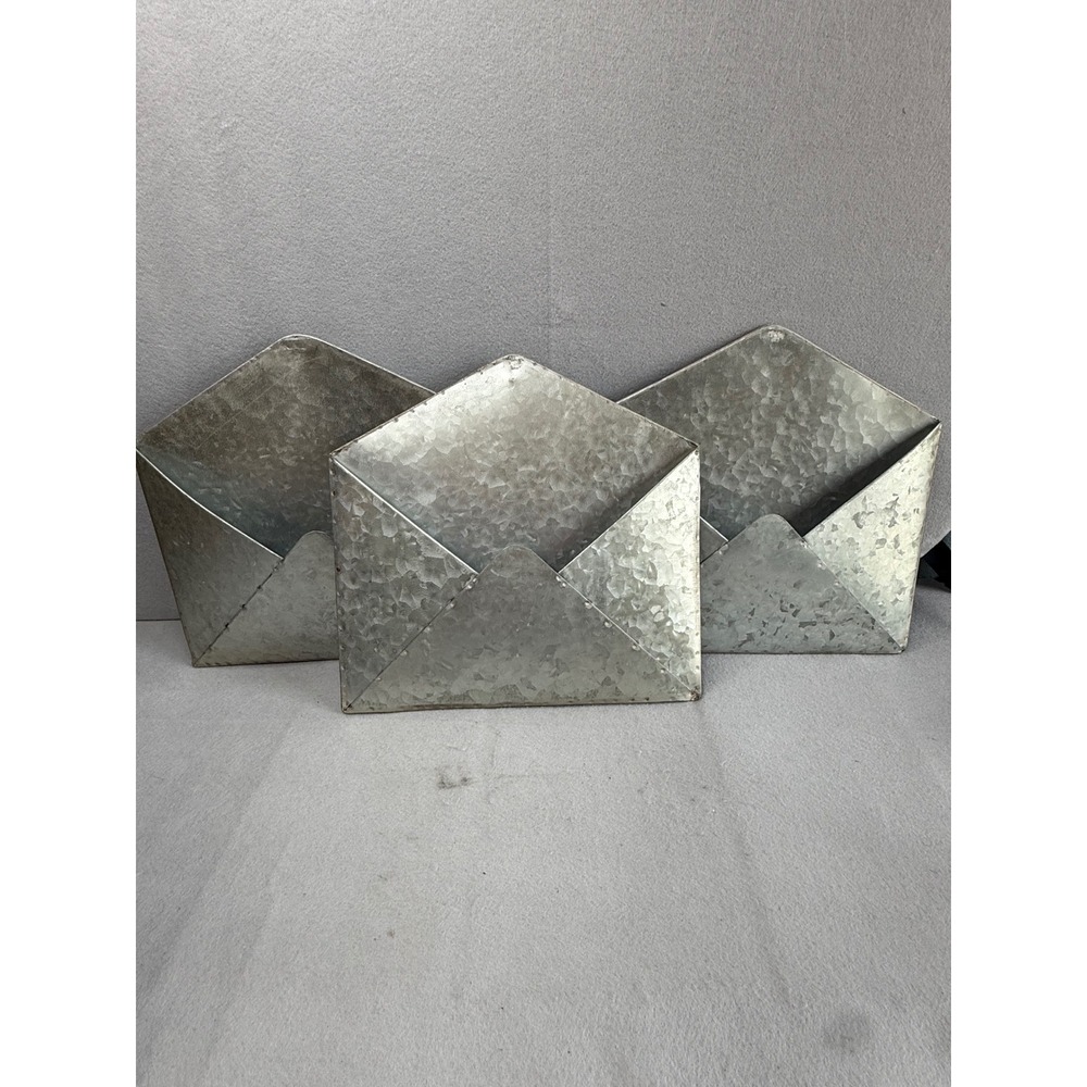 Set of 3 Galvanized Metal Envelope Wall Pockets Rustic Industrial Mail Sorters